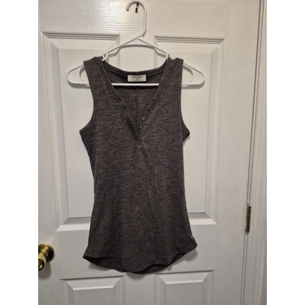 Women's ZENANA Gray Ribbed Henley Tank Top S